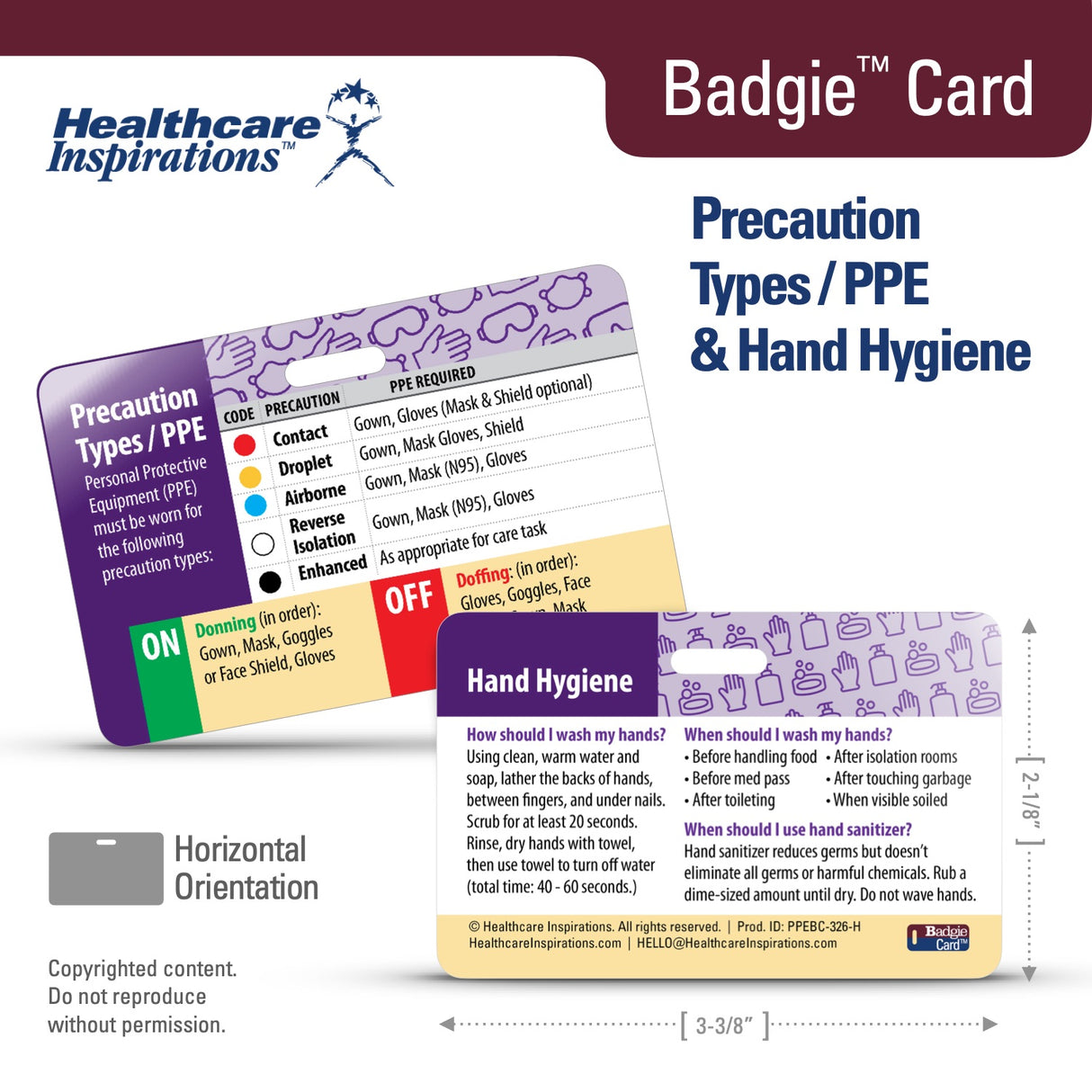 Precaution Types PPE Hand Hygiene Badgie Card, isolation precautions badge card, PPE reference card, hand hygiene badge card, infection prevention badge card, standard precautions card, contact precautions card, droplet precautions card, airborne precautions card, healthcare PPE guide, hospital badge reference, nursing badge card, infection control badge card, transmission-based precautions, Healthcare Inspirations Badgie Card