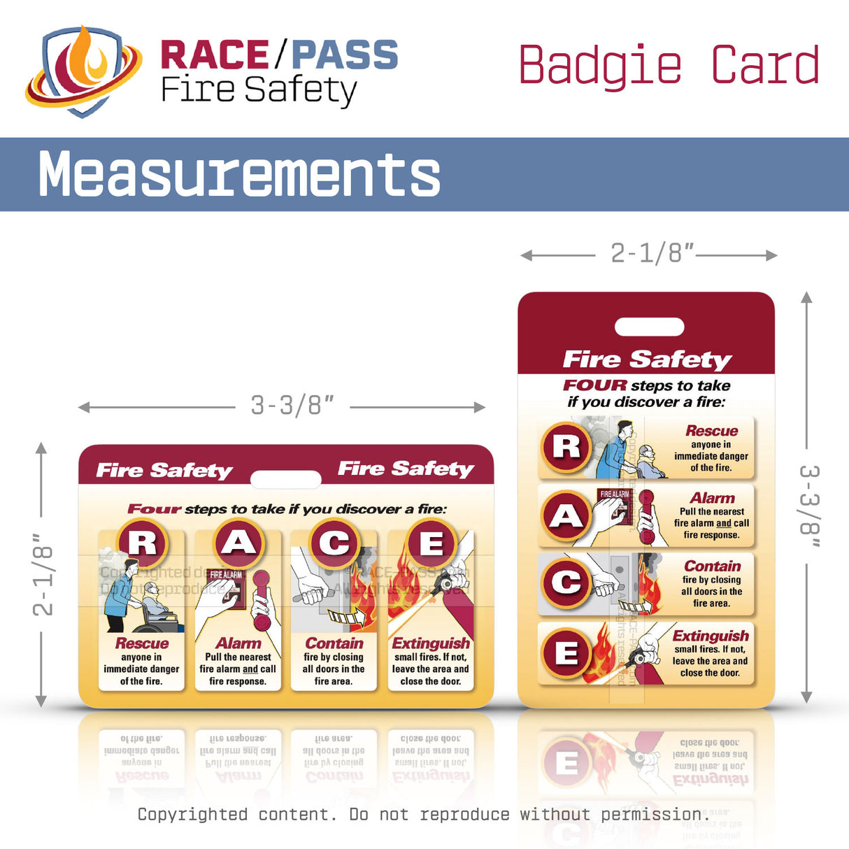 RACE PASS, fire safety, fire safety badge card, Badgie Card, fire response, PASS extinguisher method, workplace safety, emergency preparedness, fire extinguisher training, healthcare fire safety, hospital safety, life safety, fire drill training, staff education, emergency response, safety compliance, The Joint Commission, CMS compliance, point of care reference, employee safety tool