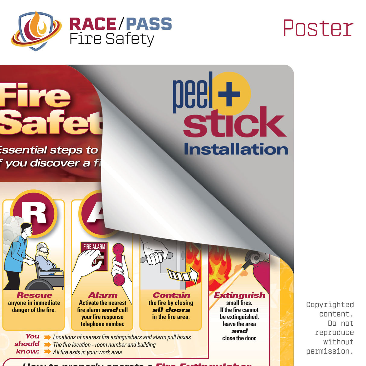 Fire safety poster with 'Peel + Stick' installation instructions and Race/Pass Fire Safety branding.
