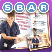 SBAR Communication tools, featuring SBAR posters, SBAR pens, SBAR notepads, and SBAR badgie cards.