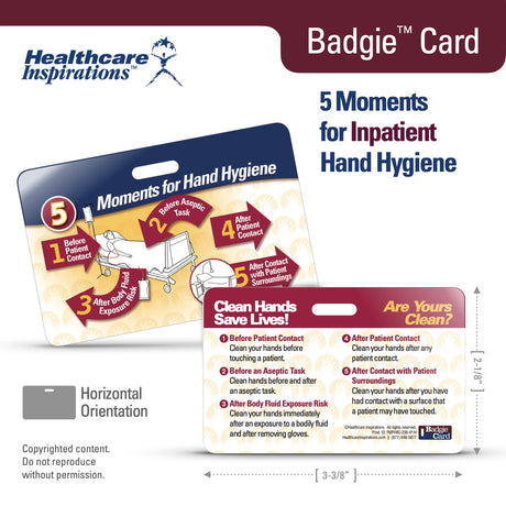 5 Moments for Hand Hygiene, inpatient hand hygiene, hospital infection prevention, healthcare-associated infection prevention, WHO hand hygiene, hospital safety, patient safety, healthcare badge card, Badgie Card, nursing education, clinical staff training, infection control, handwashing reminders, acute care hospital, bedside care, healthcare worker safety, Joint Commission compliance, hospital nursing tool, patient care reference, staff compliance tool