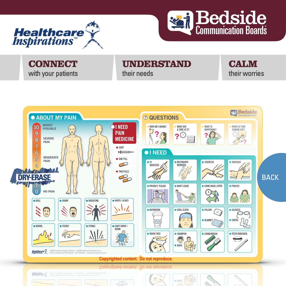 bedside communication board, patient communication board, hospital communication tool, non verbal patient communication, dry erase communication board, bedside patient aid, augmentative communication board, healthcare communication tool, ICU communication board, ventilator patient communication, stroke patient communication board, hospital bedside signage, patient care communication aid, nurse patient communication, healthcare dry erase board, patient needs board, communication board for hospitals, bedside 