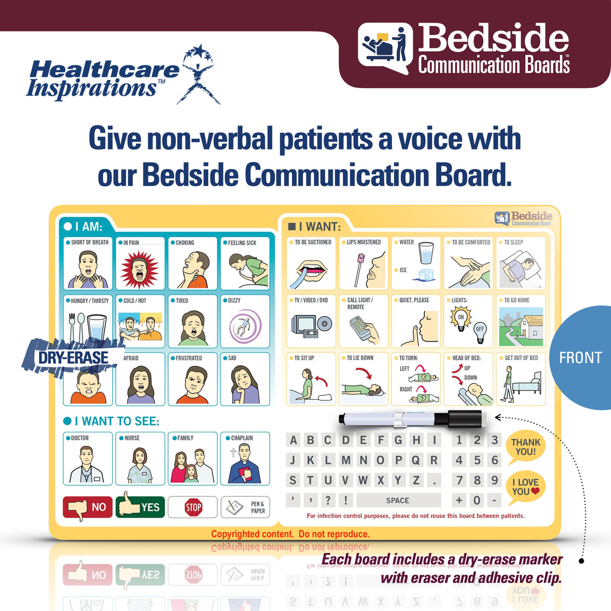 bedside communication board, patient communication board, hospital communication tool, non verbal patient communication, dry erase communication board, bedside patient aid, augmentative communication board, healthcare communication tool, ICU communication board, ventilator patient communication, stroke patient communication board, hospital bedside signage, patient care communication aid, nurse patient communication, healthcare dry erase board, patient needs board, communication board for hospitals, bedside 