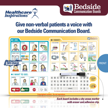 bedside communication board, patient communication board, hospital communication tool, non verbal patient communication, dry erase communication board, bedside patient aid, augmentative communication board, healthcare communication tool, ICU communication board, ventilator patient communication, stroke patient communication board, hospital bedside signage, patient care communication aid, nurse patient communication, healthcare dry erase board, patient needs board, communication board for hospitals, bedside 