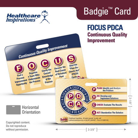 FOCUS PDCA, PDCA cycle, performance improvement, quality improvement, healthcare quality, Badgie Card, patient safety, process improvement, continuous improvement, root cause analysis, quality assurance, accreditation readiness, healthcare management, nursing education, compliance tool, Plan Do Check Act, healthcare badge card, staff training, operational excellence, quality management tool