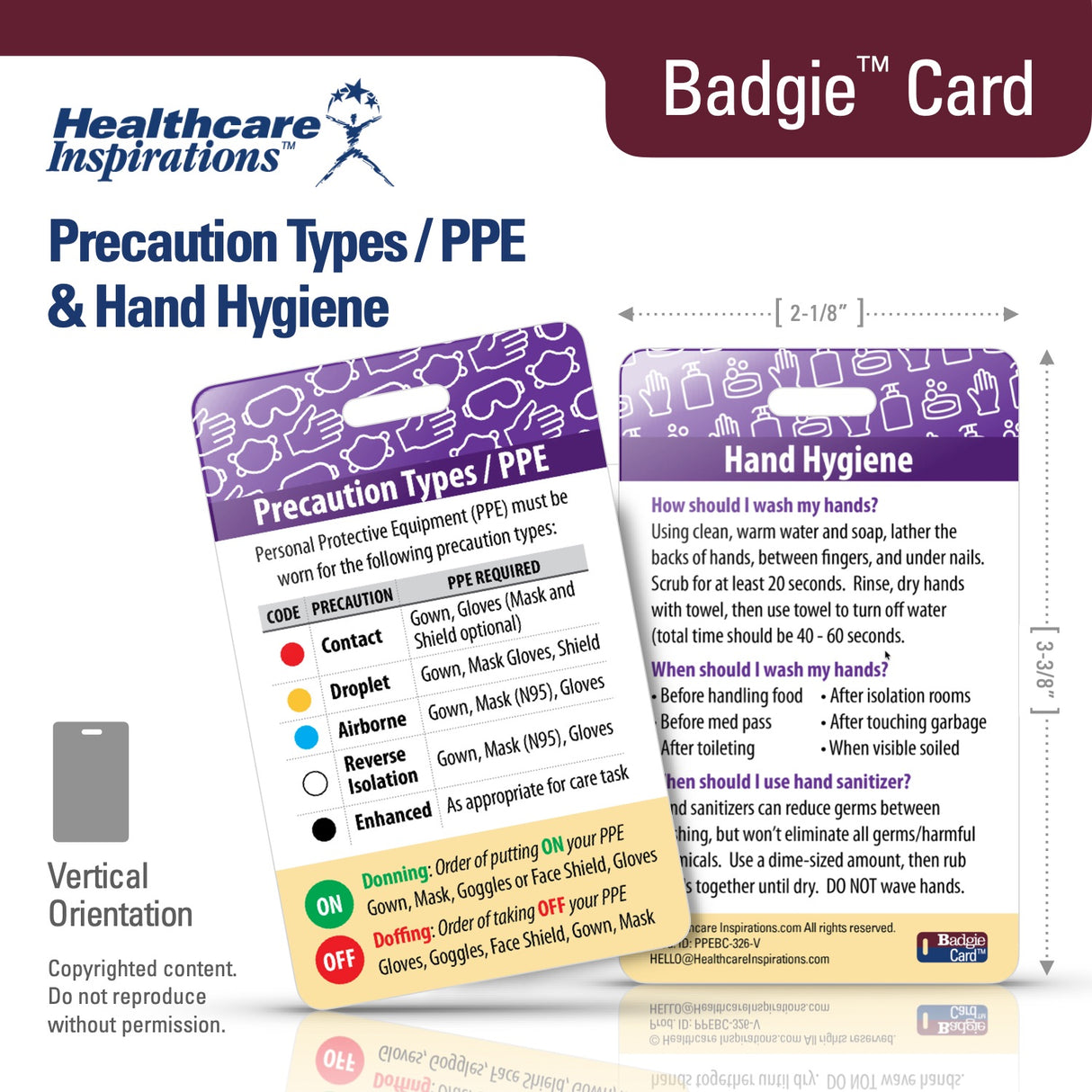 Precaution Types PPE Hand Hygiene Badgie Card, isolation precautions badge card, PPE reference card, hand hygiene badge card, infection prevention badge card, standard precautions card, contact precautions card, droplet precautions card, airborne precautions card, healthcare PPE guide, hospital badge reference, nursing badge card, infection control badge card, transmission-based precautions, Healthcare Inspirations Badgie Card