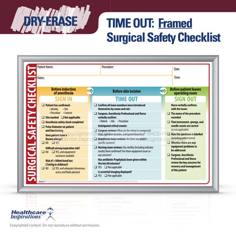 Dry-Erase Surgical Safety Time Out Checklist, Surgical Time Out Board,     WHO Surgical Safety Checklist,  Perioperative Patient Safety, Surgical Team Communication, Operating Room Communication, OR Patient Safety,     Pre-Operative Checklist,     Procedure Room Checklist, Dry-Erase OR Board,     Operating Room Wall Checklist, wrong site surgery prevention, operating room wall board, Universal Protocol checklist
