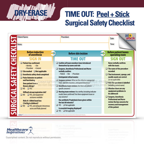 Dry-Erase Surgical Safety Time Out Checklist, Surgical Time Out Board,     WHO Surgical Safety Checklist,  Perioperative Patient Safety, Surgical Team Communication, Operating Room Communication, OR Patient Safety,     Pre-Operative Checklist,     Procedure Room Checklist, Dry-Erase OR Board,     Operating Room Wall Checklist, wrong site surgery prevention, operating room wall board, Universal Protocol checklist