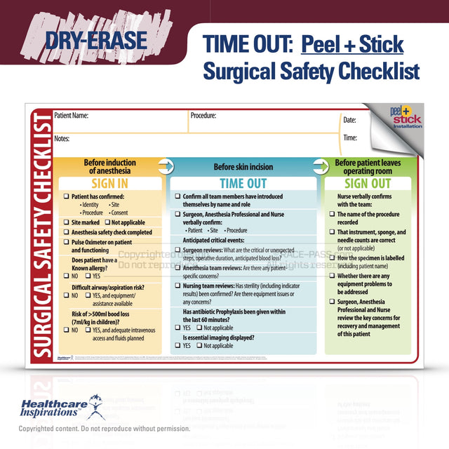 Dry-Erase Surgical Safety Time Out Checklist, Surgical Time Out Board,     WHO Surgical Safety Checklist,  Perioperative Patient Safety, Surgical Team Communication, Operating Room Communication, OR Patient Safety,     Pre-Operative Checklist,     Procedure Room Checklist, Dry-Erase OR Board,     Operating Room Wall Checklist, wrong site surgery prevention, operating room wall board, Universal Protocol checklist