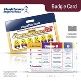 Visual Pain Scale, Wong-Baker FACES, FLACC Scale, pain assessment, pain rating scale, pediatric pain scale, nonverbal pain assessment, healthcare badge card, Badgie Card, nursing tool, patient assessment, pain management, pediatric nursing, long term care, cognitive impairment assessment, intubated patient care, point of care reference, healthcare communication, clinical assessment tool, patient comfort management