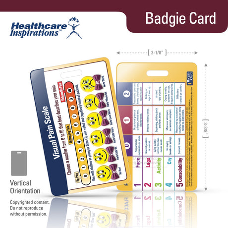 Visual Pain Scale, Wong-Baker FACES, FLACC Scale, pain assessment, pain rating scale, pediatric pain scale, nonverbal pain assessment, healthcare badge card, Badgie Card, nursing tool, patient assessment, pain management, pediatric nursing, long term care, cognitive impairment assessment, intubated patient care, point of care reference, healthcare communication, clinical assessment tool, patient comfort management