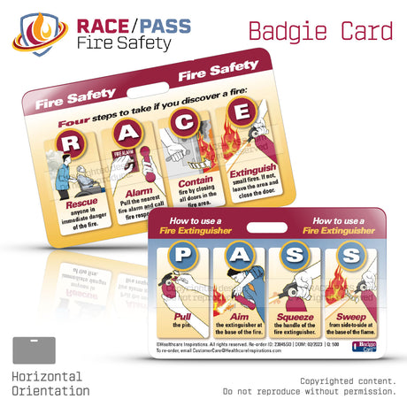 RACE PASS, fire safety, fire safety badge card, Badgie Card, fire response, PASS extinguisher method, workplace safety, emergency preparedness, fire extinguisher training, healthcare fire safety, hospital safety, life safety, fire drill training, staff education, emergency response, safety compliance, The Joint Commission, CMS compliance, point of care reference, employee safety tool
