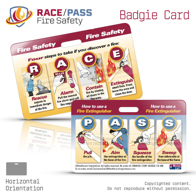 RACE PASS, fire safety, fire safety badge card, Badgie Card, fire response, PASS extinguisher method, workplace safety, emergency preparedness, fire extinguisher training, healthcare fire safety, hospital safety, life safety, fire drill training, staff education, emergency response, safety compliance, The Joint Commission, CMS compliance, point of care reference, employee safety tool