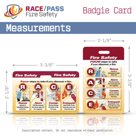RACE PASS, fire safety, fire safety badge card, Badgie Card, fire response, PASS extinguisher method, workplace safety, emergency preparedness, fire extinguisher training, healthcare fire safety, hospital safety, life safety, fire drill training, staff education, emergency response, safety compliance, The Joint Commission, CMS compliance, point of care reference, employee safety tool